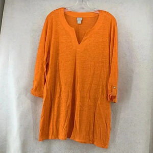 Chico’s Women’s 2 Orange‎ Sabrina V Neck 100 Linen 3/4 Sleeve Classic Tunic